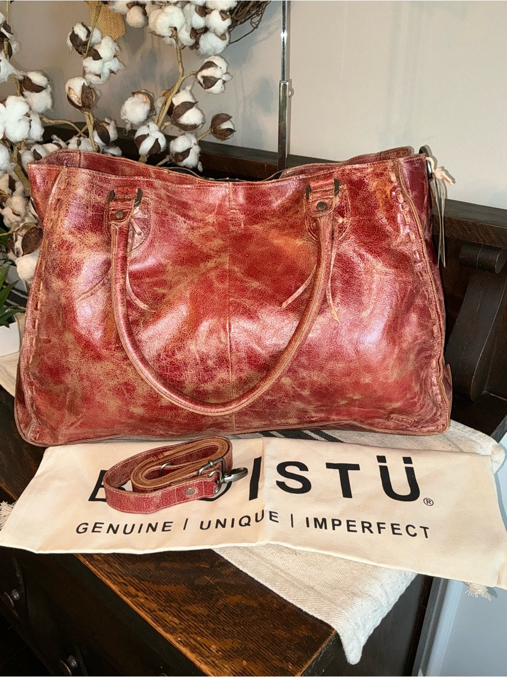 NWT Bed Stu Leather Rockaway Shoulder Crossbody Bag Tote Cherry Red Lacquer $345 - Picture 3 of 16